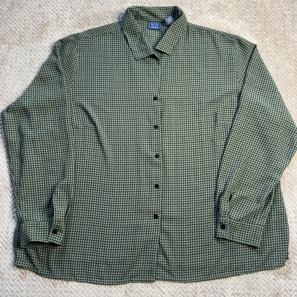 Laura Scott Woman Green Button Up Shirt Blouse Houndstooth Plus 24W Long Sleeve